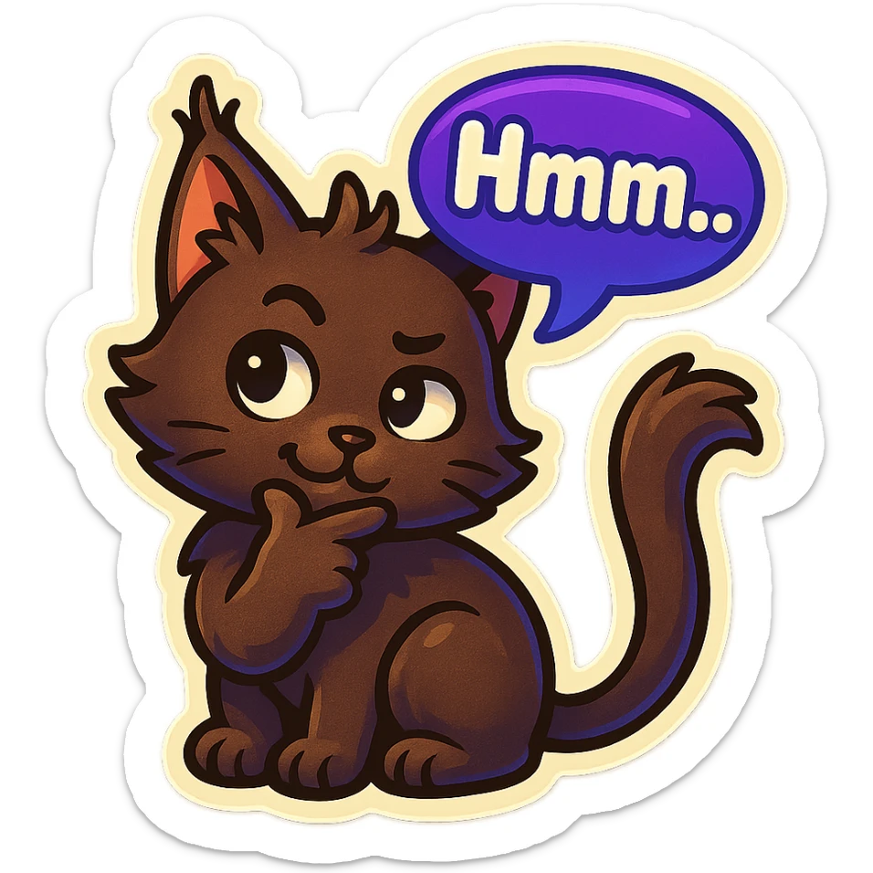 a dark-brown fluffy cute kawaii anime cat with tufted ears and a long thin tufted tail, thinking, smirking thoughtfully, saying “Hmm..” with a purple speech bubble sticker