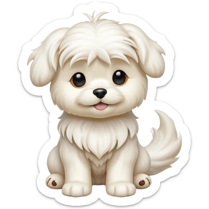 cinematic-[Maltese dog]-realistic-full-body-sitting-emoji,-tail-resting-loosely-beside-its-paws,-head-tilted-dramatically, -wavy-[cream white]-fur,-simplified-yet-realistic-focused-features,-highly-detailed,-glowing-with-an-almost-sarcastic-glow sticker