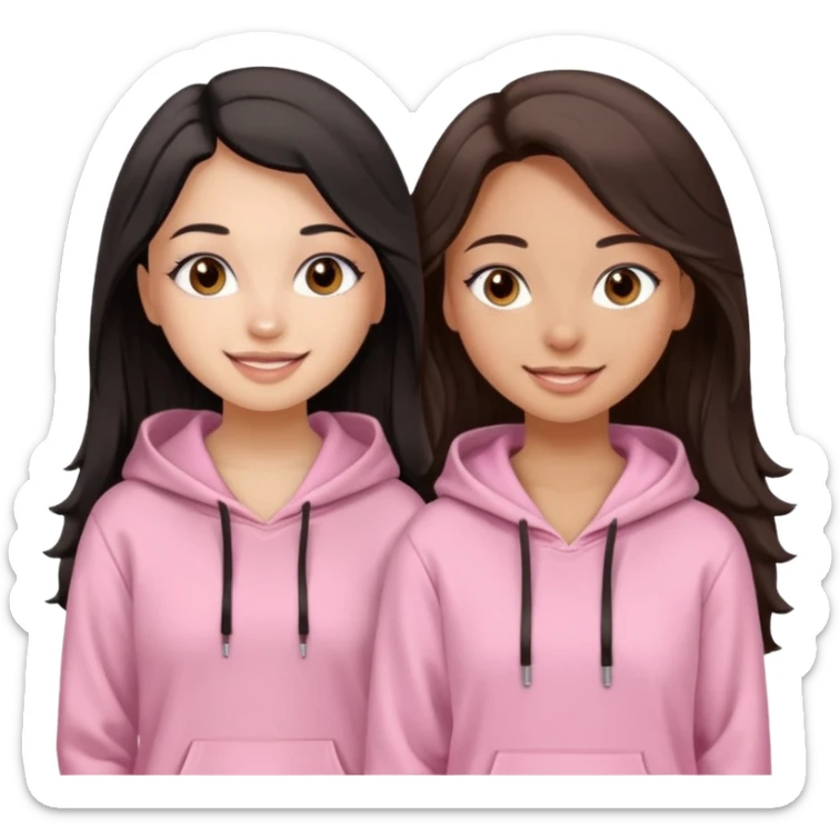 A pretty girl with light skin and long straight black brown hair, wearing a very light pink basic hoodie with brown eyes and makeup and a round face with another girl with tan skin and very wavy brown hair sticker