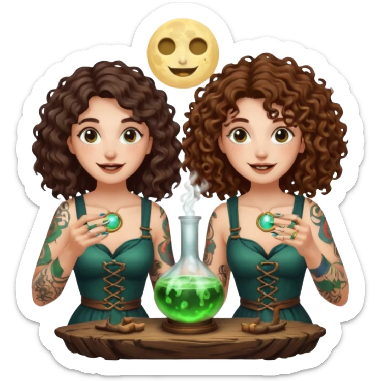 forest alchemist duo two women curly long hair tattooed and short brown hair mixing glowing moon potion together excited faces sticker