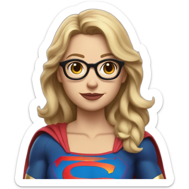 Caucasian Supergirl upper body long wavy hair and glasses with an "F" logo in the chest sticker