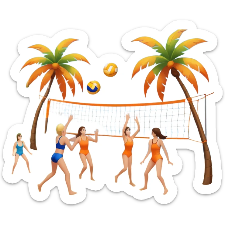 The scene captures a sunny sea beach atmosphere with clear blue sea and sky, palm trees swaying, and people in swimsuits enjoying the vibrant surroundings. A volleyball resting on the orange sand ground of a beach, with a volleyball net in the background.  sticker