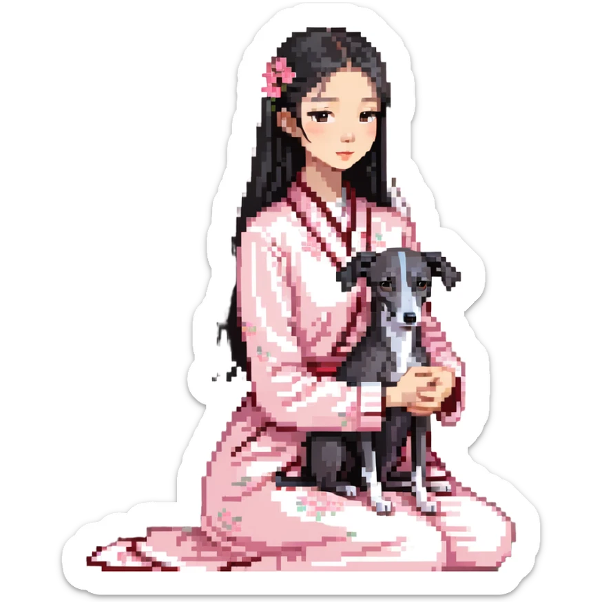 A young Chinese girl with long black hair and a pure dark grey Italian Greyhound with absolutely NO white markings anywhere on its body sitting under a cherry blossom tree. The dog must be completely solid dark grey with no white on muzzle, paws, or chest. sticker