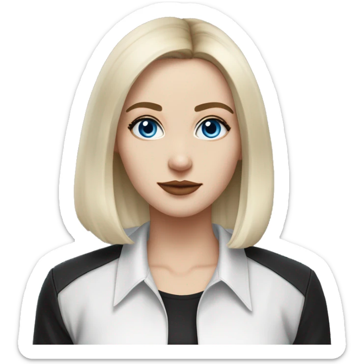 waist-length portrait, look up, Slavic adult woman, goth eyes makeup, blue eyes, medium bob black-to-blonde ombre straight hair, white T-shirt and black office jacket. sticker