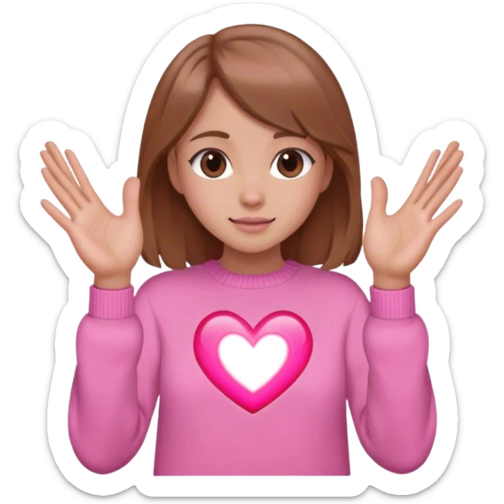 girl in pink sweater with light brown hair shows heart with hands sticker