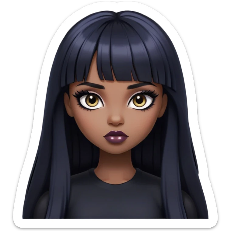straight black long bangs hair, pale skin, dark black iris, pretty bratz baddie, strong black eyeliner sticker