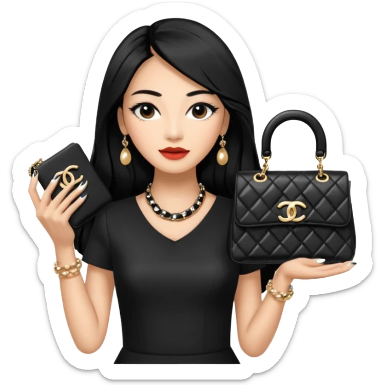 on est à Dubaï une chinoise avec des très très très beaux ongles et des très très très long  faux cils avec des sacs Chanel et un vêtement Chanel sticker