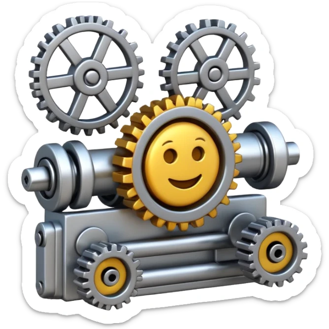 A 3D emoji in iOS emoji aesthetic style of a mechanical device with gears and springs, symbolizing a triggered trap or mechanism. sticker