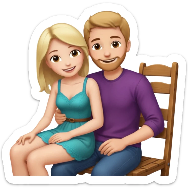 A woman sitting on a man's lap straddling him on an armless wooden chair.face to face  sticker