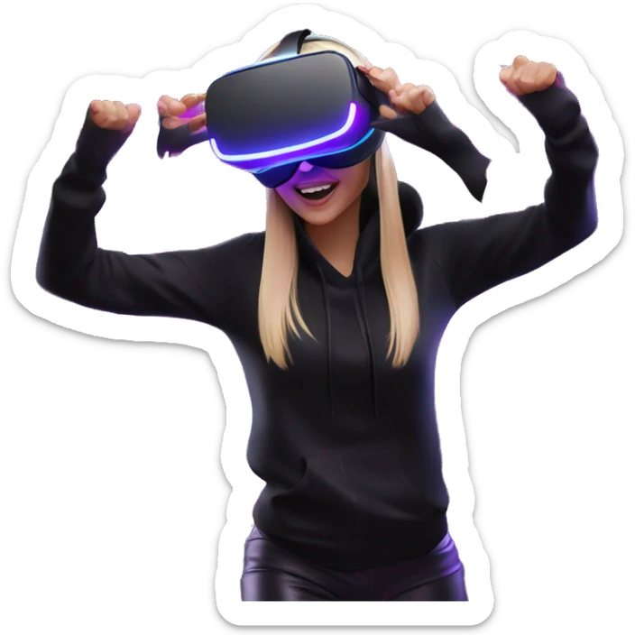 Russian girl wearing black hoody with violet letters "OMG", in vr headset oculus quest2. Dancing. Cyberpunk style. Violet neon. sticker