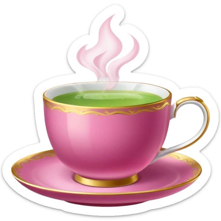 dark pink teacup filled with green tea, placed on a matching pink saucer, with gentle steam rising from the cup, golden details sticker