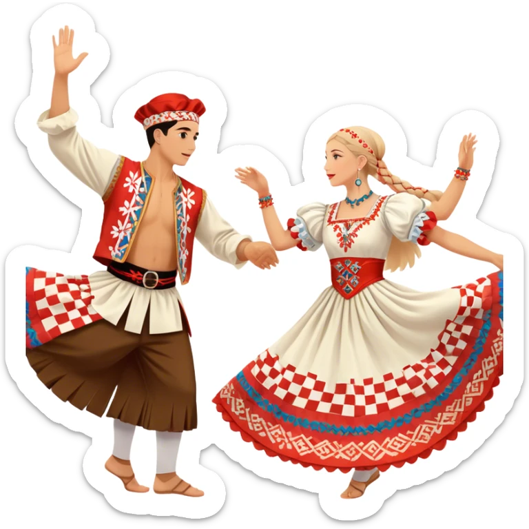 Cinematic Realistic scene of two performers engaging in the Croatian Linđo folk dance, adorned in vibrant traditional costumes with intricate patterns and accessories, captured in graceful, synchronized motion under festive natural lighting. sticker