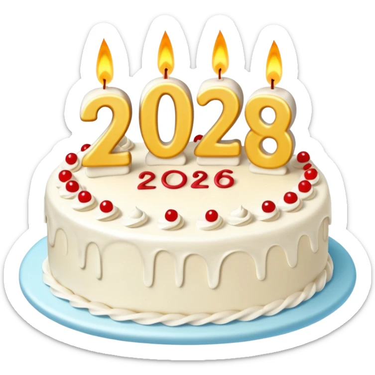 A festive New Year cake with lit candles shaped as the number 2026,
warm lighting, celebratory atmosphere,
soft background, high quality, clean composition sticker