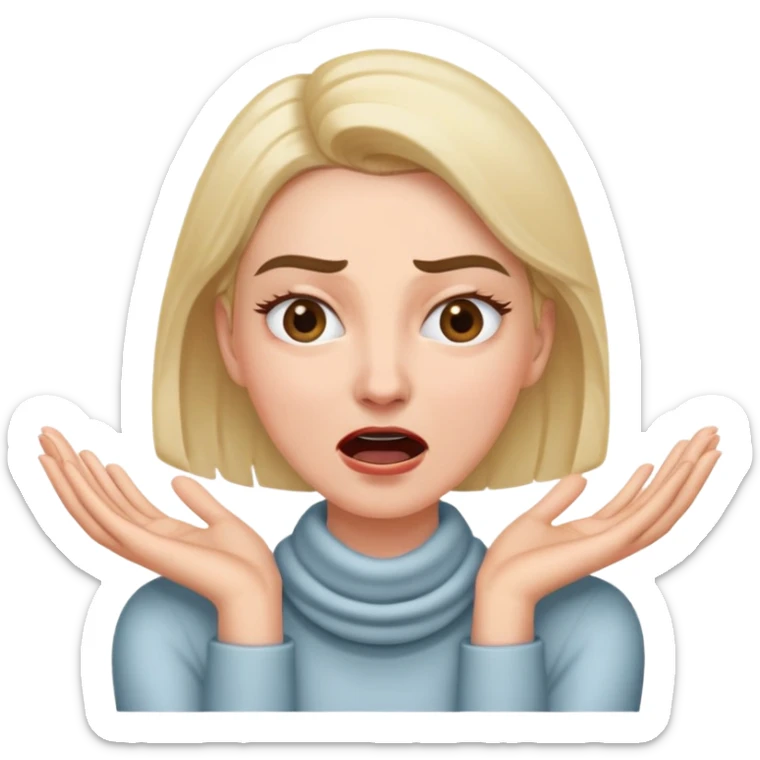 a woman holding her hands around her neck with eyebrows furrowed and her mouth wide open sticker