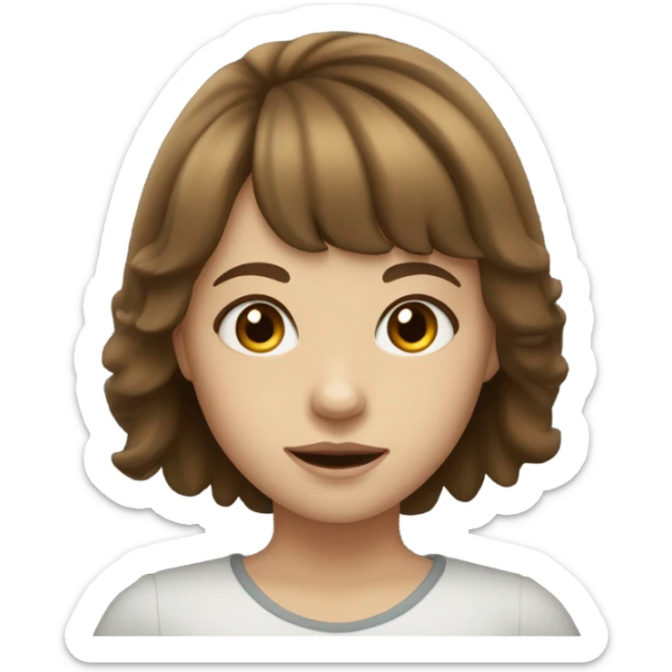 girl with brown hair with bangs and a little wavy, white skin and honey-colored eyes sticker