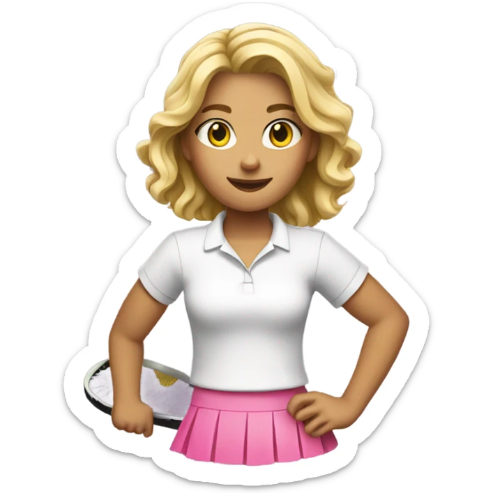 Blonde girl wearing white shirt and pink skirt holding a tennis racquet  sticker