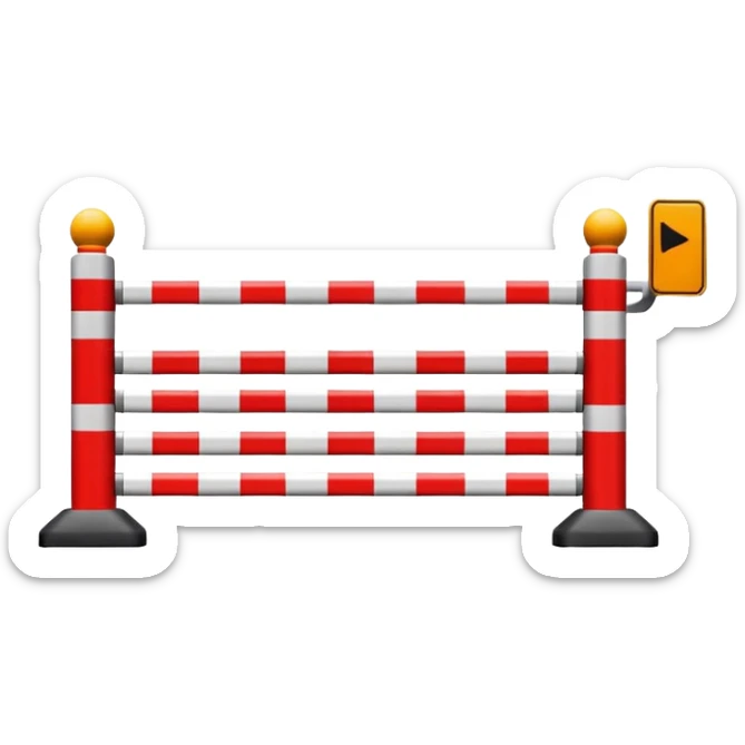Flat emoji-style icon of a parking barrier gate (boom barrier).
Red and white striped horizontal arm, raised at a slight angle.
Simple geometric shapes, clean vector design.
No text, no background, transparent or plain background.
Bright colors, high contrast.
Centered object, minimal details. sticker