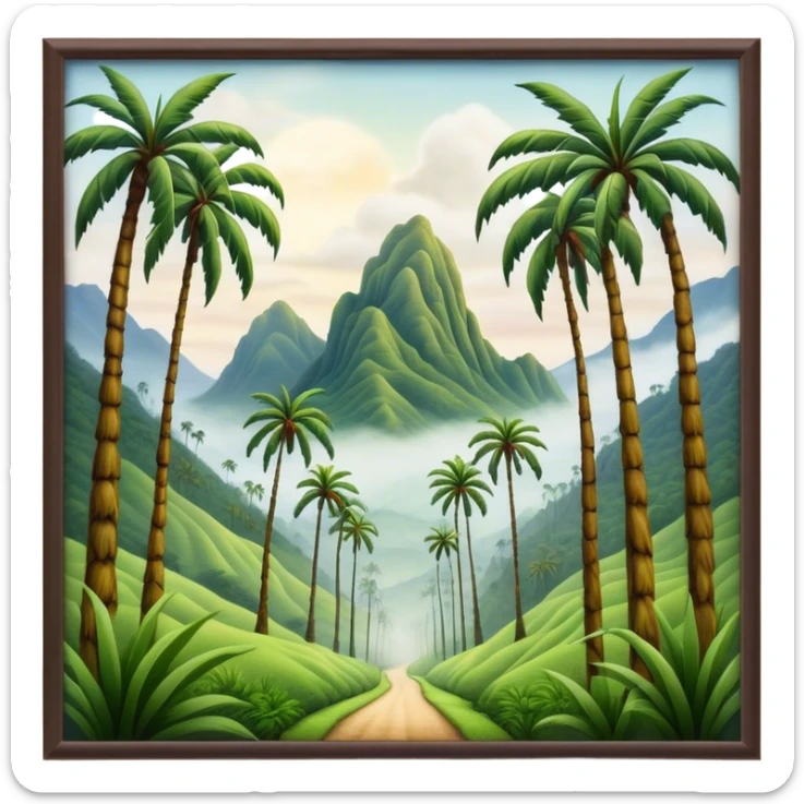 Cinematic Realistic Cocora Valley Landscape Emoji, depicted with towering wax palm trees in a lush, misty valley rendered with rich textures and dynamic, natural lighting. sticker
