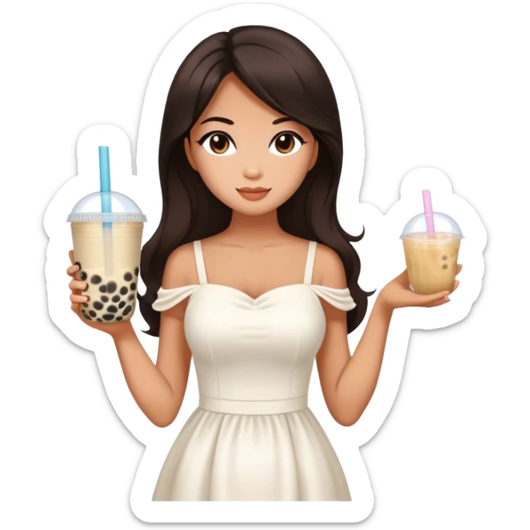 Beautiful woman in 1965’s woman fashion look, white dress, long dark brown hair, bubble tea sticker