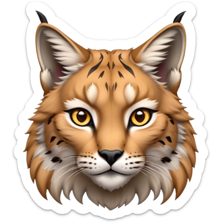 Cinematic-Noble realistic-Lynx-Portrait-Emoji – Poised and regal, with a strong, agile build and a strikingly patterned fur of warm tawny fur accented by bold black ear tufts, deep-set, intelligent amber eyes, simplified yet sharp and sophisticated. zoomed out to show shoulders sticker