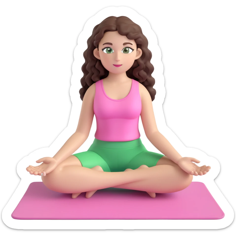 dark brown long curly hair, green eyes, beautiful girl in light pink clothes sitting on a yoga mat, emoji style sticker