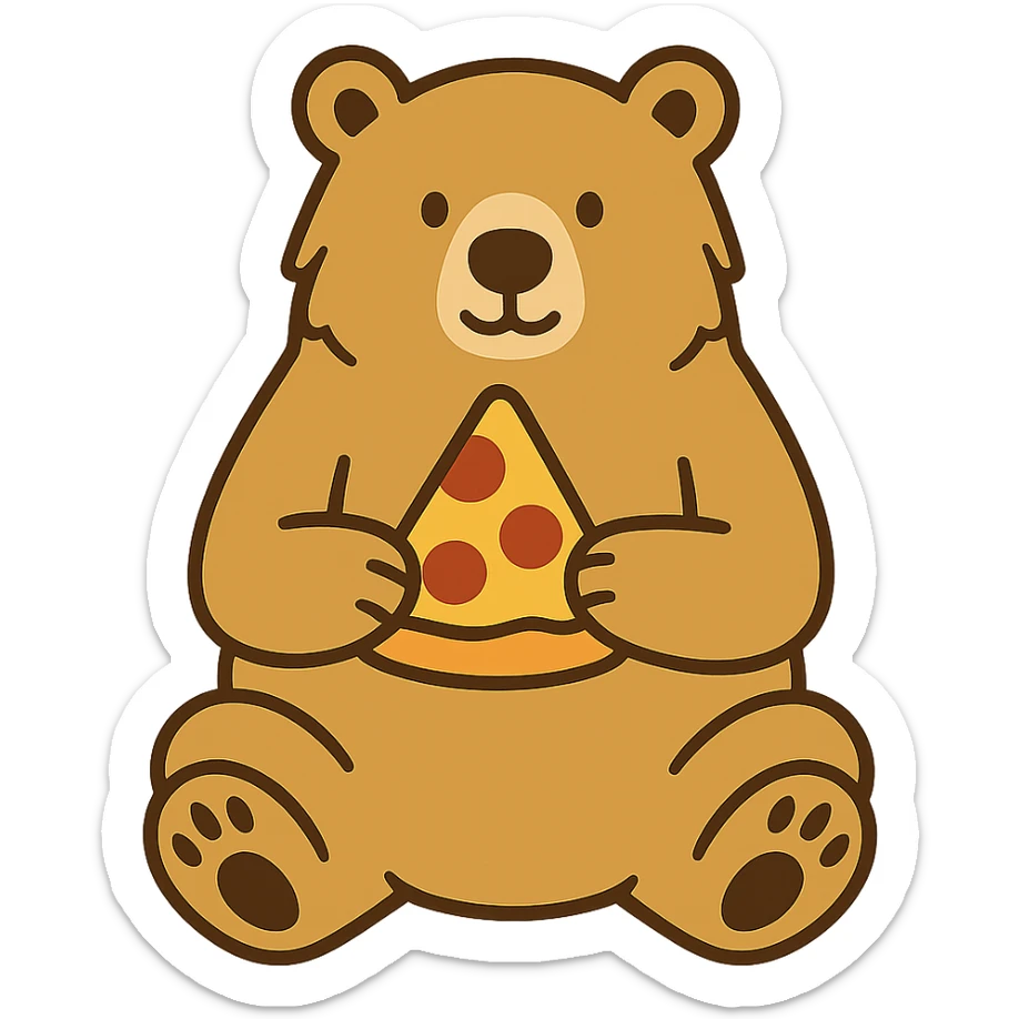 flat toon style blonde grizzly bear sitting, full body, holding a slice of cheese pizza sticker