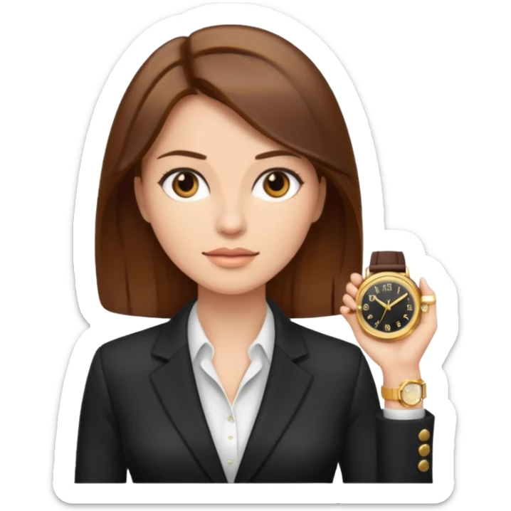 A buissnes Woman with Brown hair and a Gold watch sticker