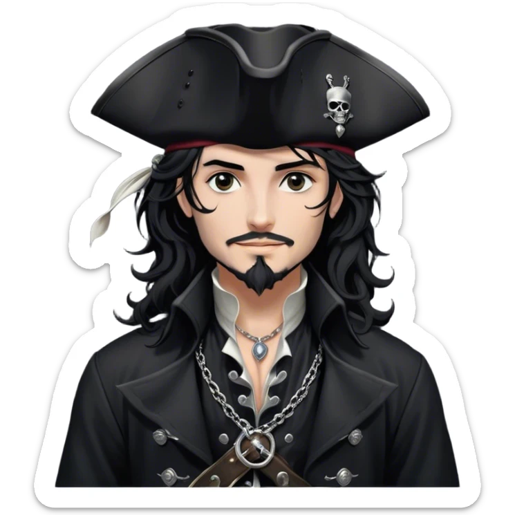 A charismatic pirate with wavy black hair tousled. His black tricorn hat, embroidered with silver, casts a shadow over his confident features. Dark eyes glint with mischief as he gazes to the side, a knowing smile on his lips. His fitted black coat, adorned with silver buttons. A silver chain dangles from his belt sticker