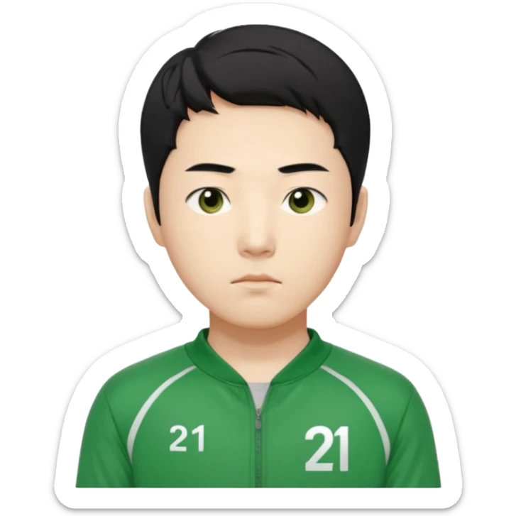 "Illustrate Cho Sang-woo (Player 218), Korean male, neat black hair, serious face, green tracksuit with number 218 bold on chest & sleeve.. sticker