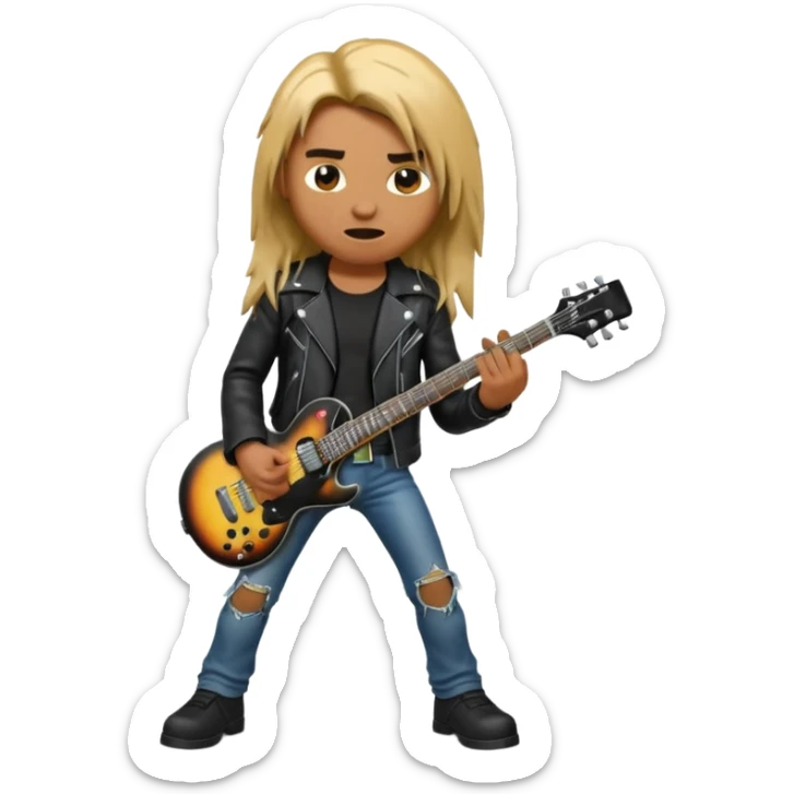 3D Apple-style emoji of a metal musician. Long hair, black leather jacket, ripped jeans, holding an electric guitar. Intense expression, glossy, rounded, smooth, soft shadows, white background.










 sticker