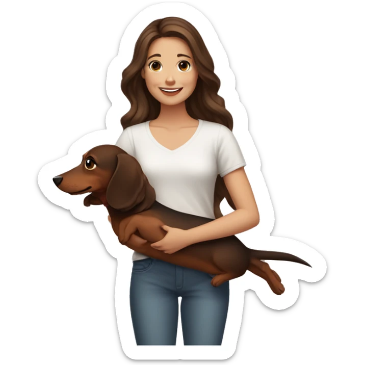 Girl long wavy brown hair smiling and brown eyes with long eyelashes and holding a dachshund  in her arms sticker