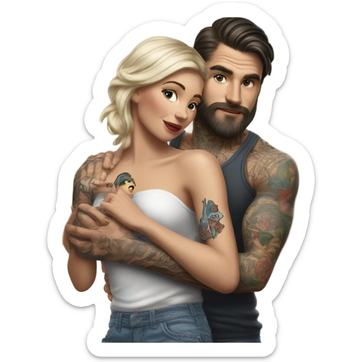 Hyper Realistic beautiful woman in the arms of a very handsome tattooed man playing  sticker