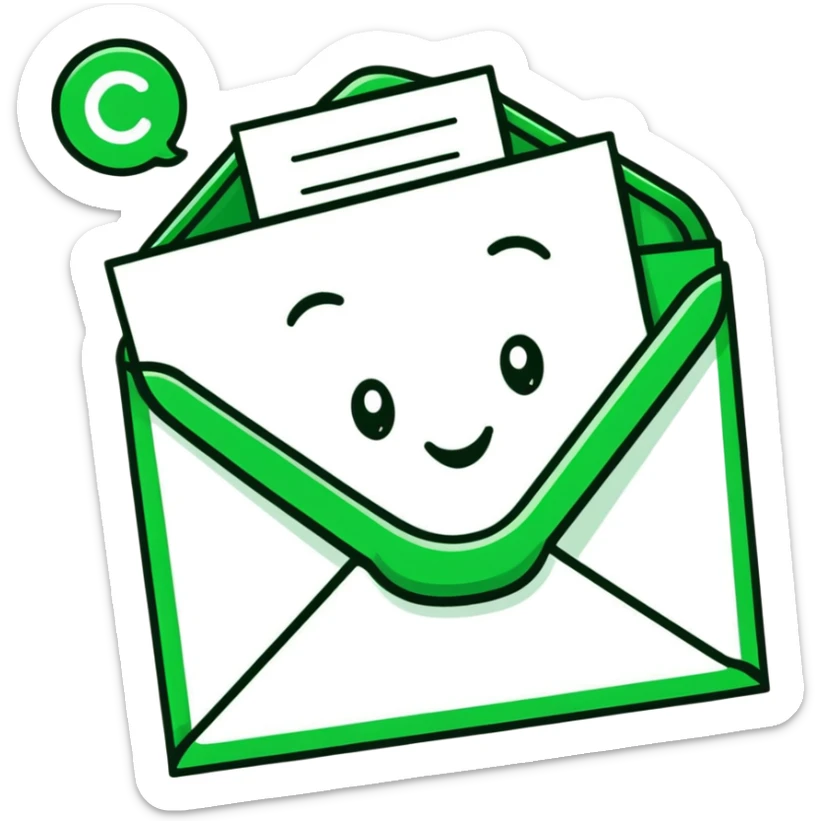 Minimalist Maya-inspired emoji showing happy face receiving a letter, white and deep green only, flat design, clean lines sticker