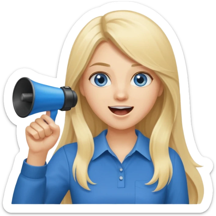 blue eyes blonde girl yelling into megaphone and holding up 1 finger in the other hand smiling long hair sticker