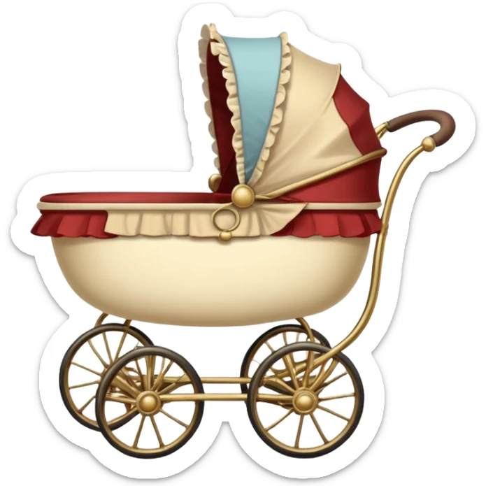 An antique baby stoller with bis wire wheels and a ruffeled bonnet sticker