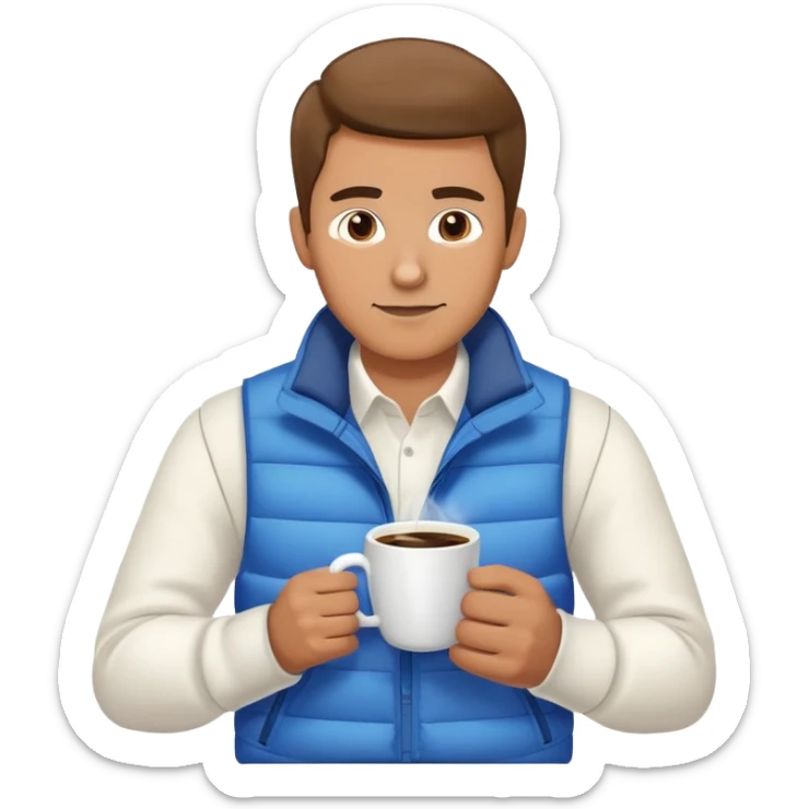 man wearing long sleeve white shirt with blue puffy winter vest holding a cup of coffee in front of him sticker