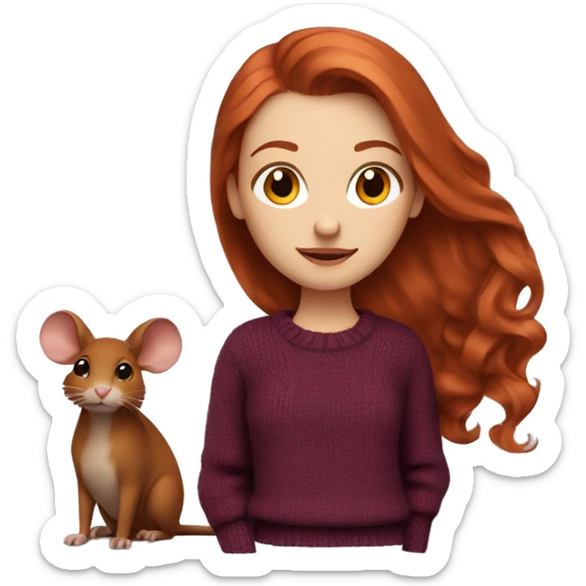 redhead girl with long hair and Dyson styling in a burgundy sweater and a rat on her shoulder sticker