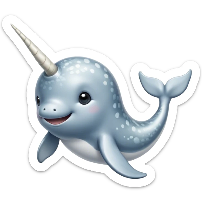 Cinematic Noble Cute Narwhal Portrait Emoji, Poised and graceful, with a streamlined, gently curved body clad in mottled, silvery-gray skin, accented by a long, spiraled ivory tusk and wide, expressive eyes radiating playful intelligence, Simplified yet sharp and sophisticated features, highly detailed, glowing with a cool, frosted ocean glow, high shine, intelligent and enigmatic, stylized with an air of whimsical marine majesty, focused and graceful, soft glowing outline, capturing the essence of a watchful and confident cute narwhal that appears ready to glide out of the screen with effortless charm! sticker
