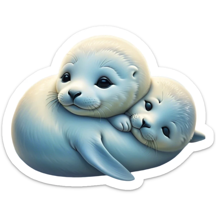 Beautiful and Majestic Baby Seal Portrait Emoji, Head and body resting serenely with a gentle, content smile, showcasing a soft, cuddly form with tender, glistening fur and eyes peacefully closed in a tranquil slumber, Simplified yet exquisitely endearing features, highly detailed, glowing with a soft, radiant polar light, high shine, serene and utterly lovable, stylized with an air of regal innocence, soft glowing outline, capturing the essence of a beautiful and majestic baby seal that embodies the quiet wonder of arctic serenity! sticker