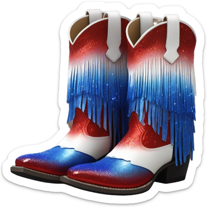 red, white, and blue ombre pair of fashion cowgirl boots with sparkly shiny glitter fringe on them. sticker