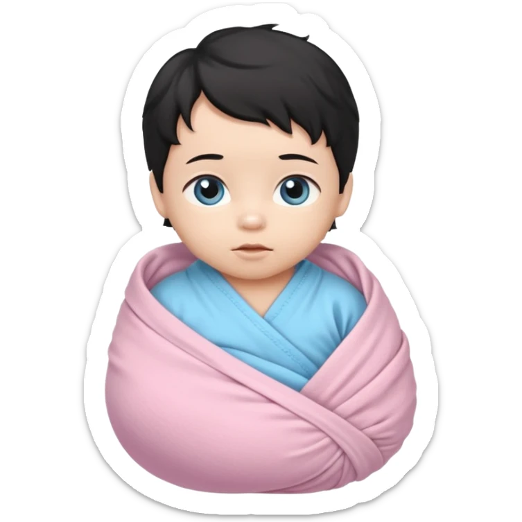 a  asian newborn baby with black wavy hair and blue eyes wrapped in a light pink swaddle sticker