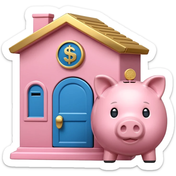 A clean emoji-style icon: A piggy bank with a coin, placed in front of a small bank building. The bank symbolizes company pension and financial security. Rounded forms, flat colors, minimal details like a standard emoji. sticker
