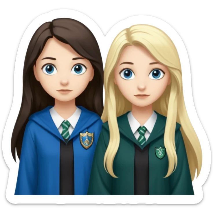 a pretty ravenclaw girl with long dark brown hair and blue eyes standing with a hot Slytherin girl with long blonde hair, blue eyes sticker