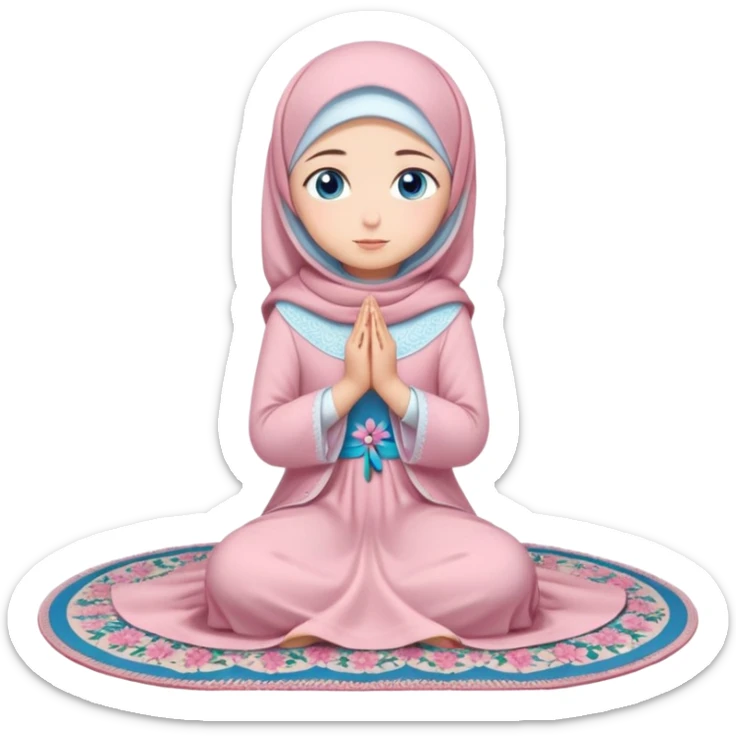 Turkish beautiful finish Konya girl blue eyes with powder pink color. flower hijab long tail dress and sits on the pray mat namaz on the ground with dua  sticker