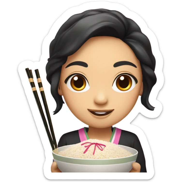 Asian girl with small eyes and black long hair with pink highlights smiles while holding rice bowl and chopsticks sticker
