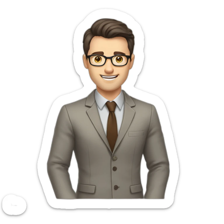 Pale skinned fit man teacher with dark brown hair in gray jacket, beige office shirt, brown tie, brown pants and vintage glasses Draws on the marker board sticker