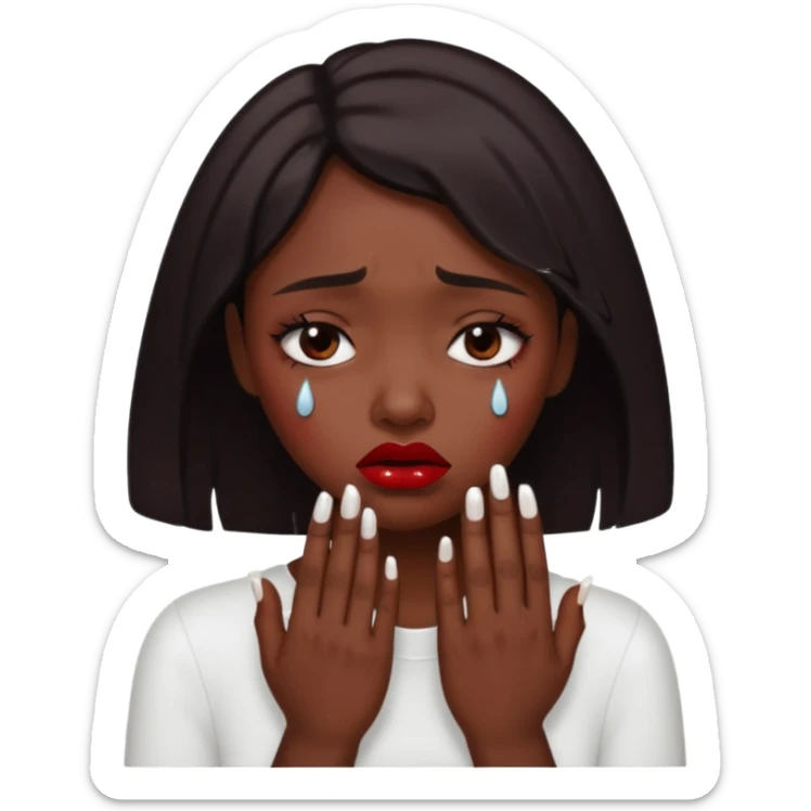 dark skin girl, dark red lipstick, nails very beautiful crying sticker