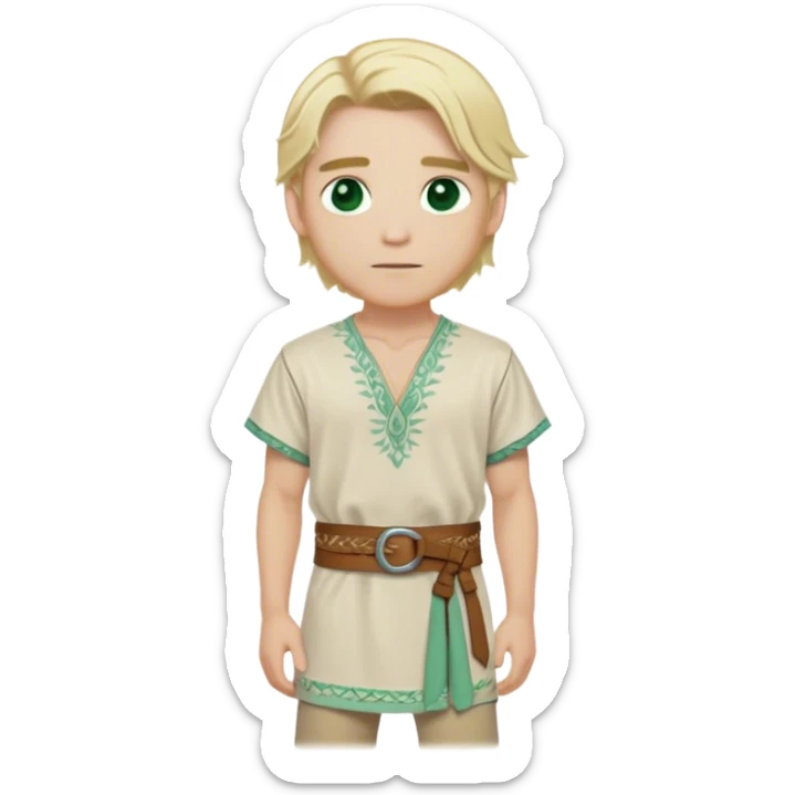 Medieval summer outfit worn by a DnD themed fantasy male character. Light cotton tunic in natural cream color with short sleeves, embroidered with simple floral patterns at the hem, paired with a thin leather belt. Clothes only above the waist, full waist coverage. The character has no arms. Character is white-skinned with sun-bleached blonde hair in shoulder-length layers, partially tied back with a leather cord, sea-green eyes, and defined cheekbones. sticker