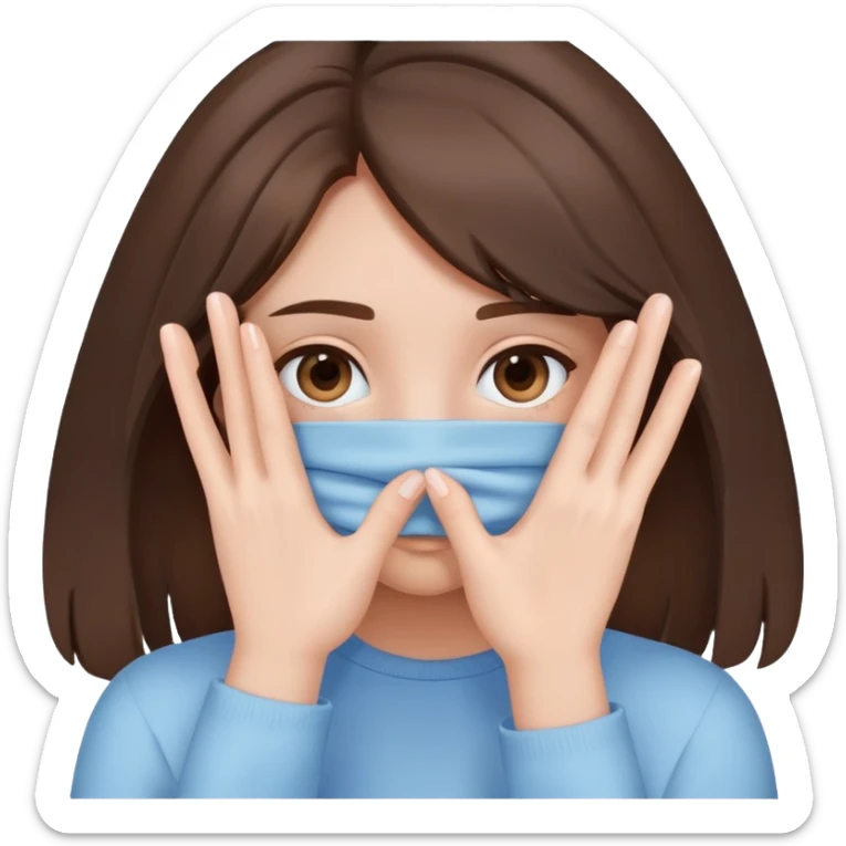 brunette girl with brown hair wearing pastel blue clothes covering her face with her hand sticker