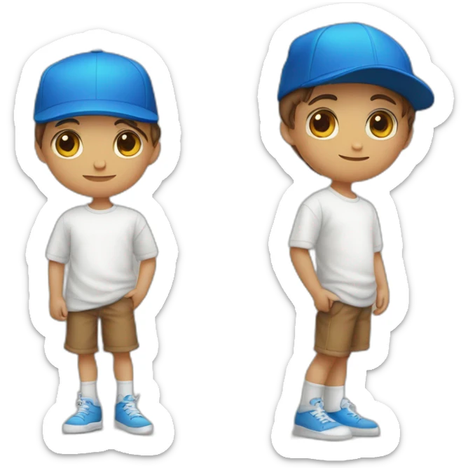Niño con ojos azules, color castaño, piel blanca, con gorra blanca, vestimenta de sudadera sticker